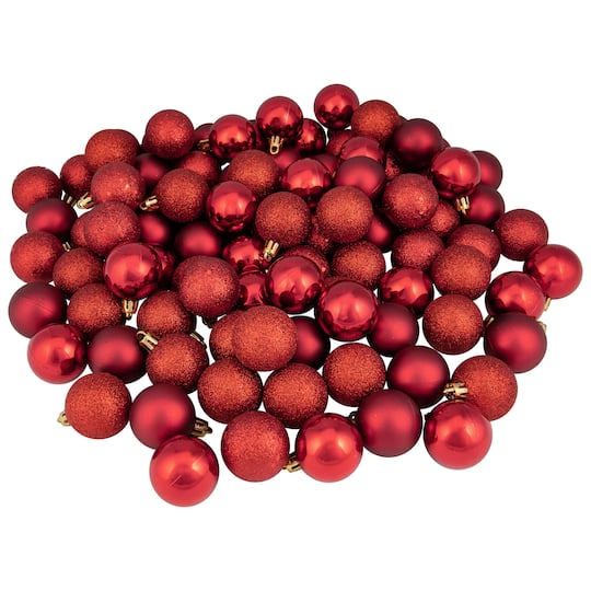 96ct. 1.5&#x22; 4-Finish Red Shatterproof Ball Ornaments